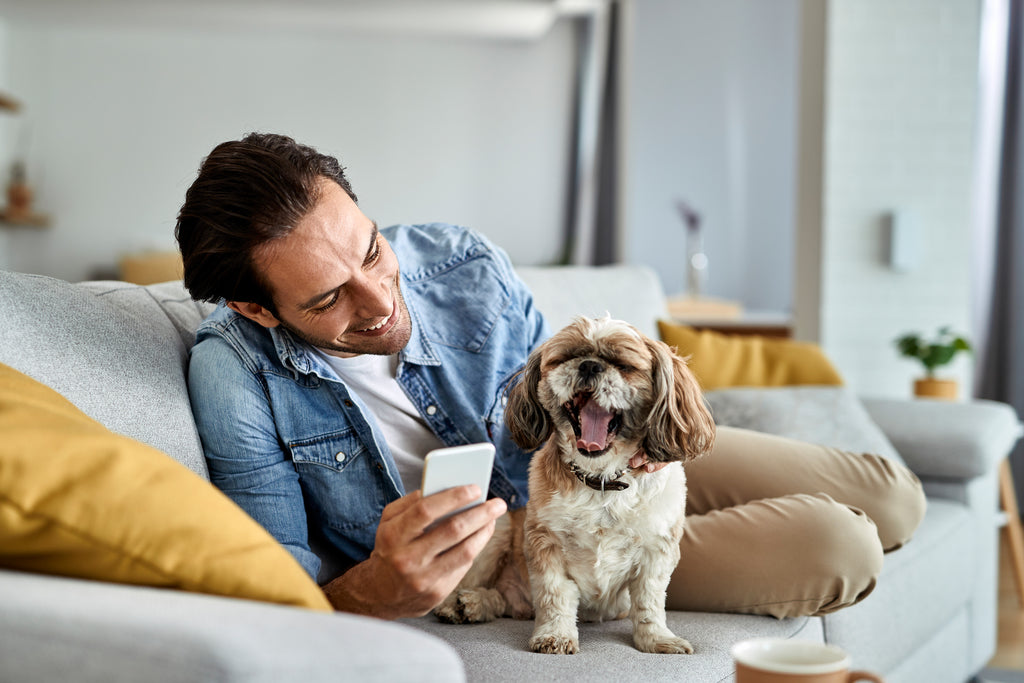 Happy man using his smart phone with his pet dog.