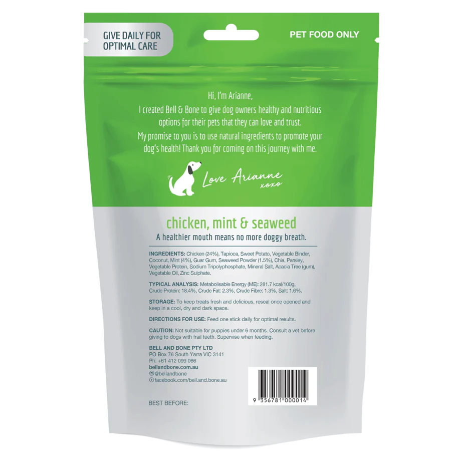 Bell and Bone Dental Sticks Chicken, Mint and Seaweed Back- YourPetPA