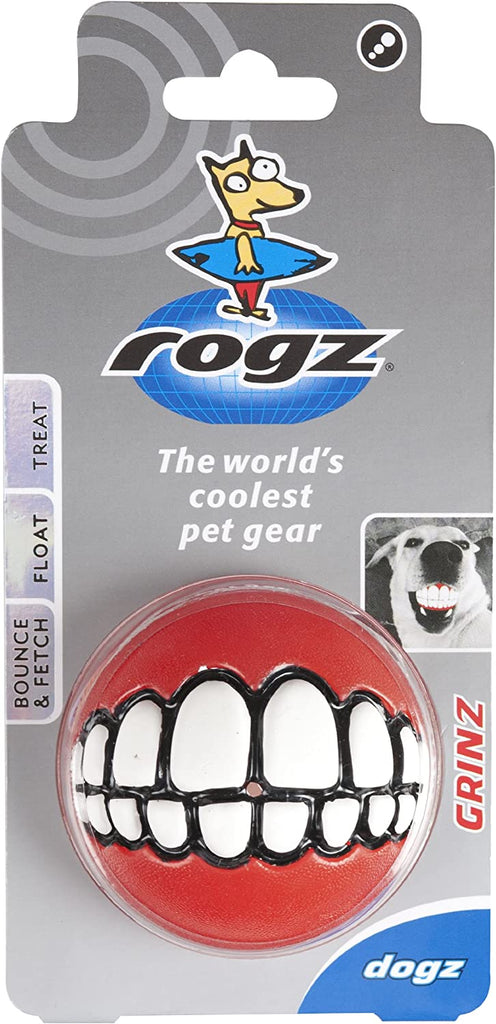 Rogz Grinz Treat Ball Red displayed in a front pack, ready for outdoor adventures with your furry friend