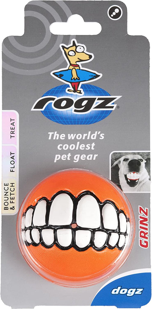 Rogz Grinz Treat Ball Orange showcased from the front, displaying its vibrant orange color and unique smiley face design.